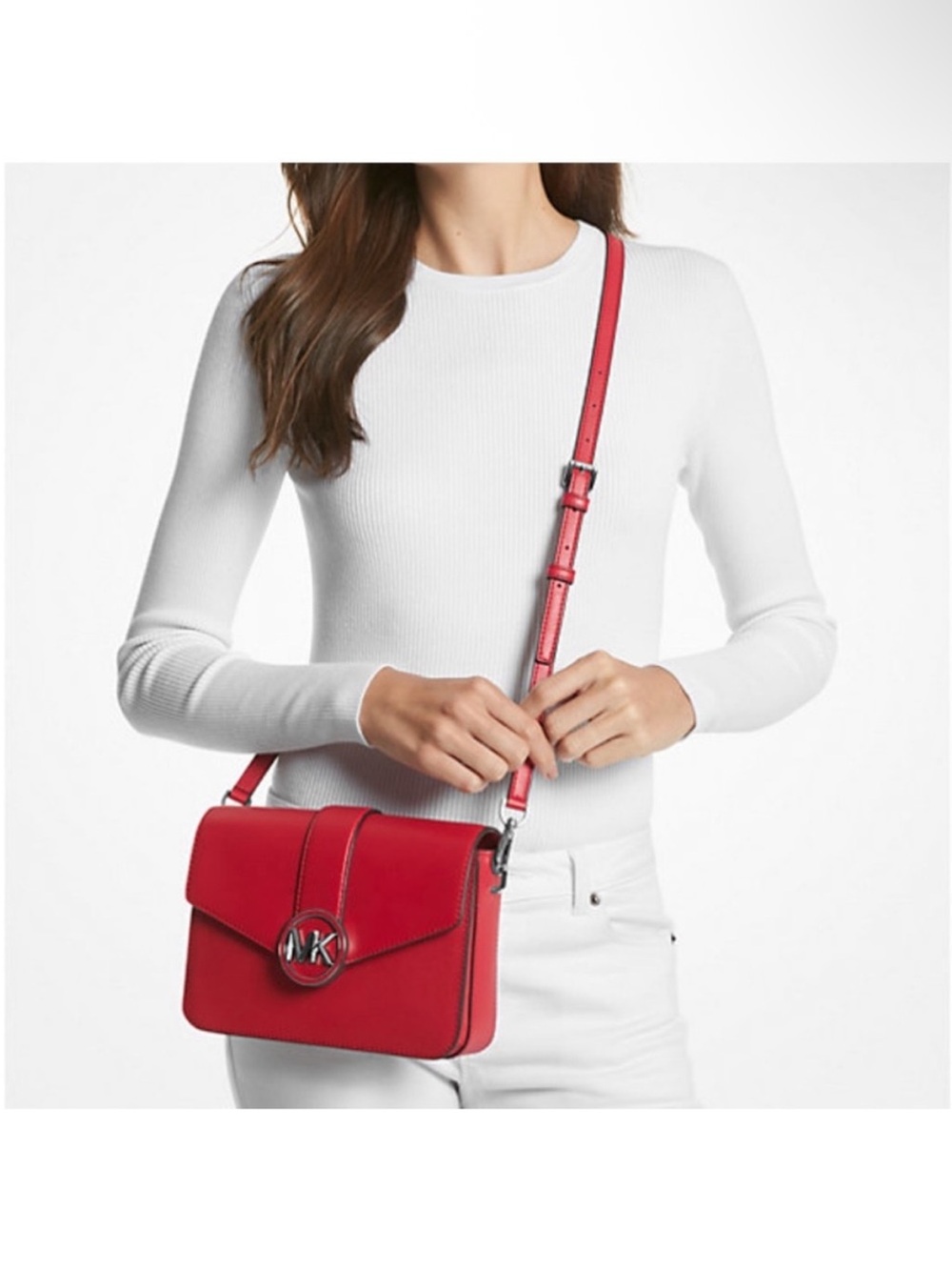 Michael Kors Red Leather Envelope Crossbody with MK Medallion - Picture 3 of 5